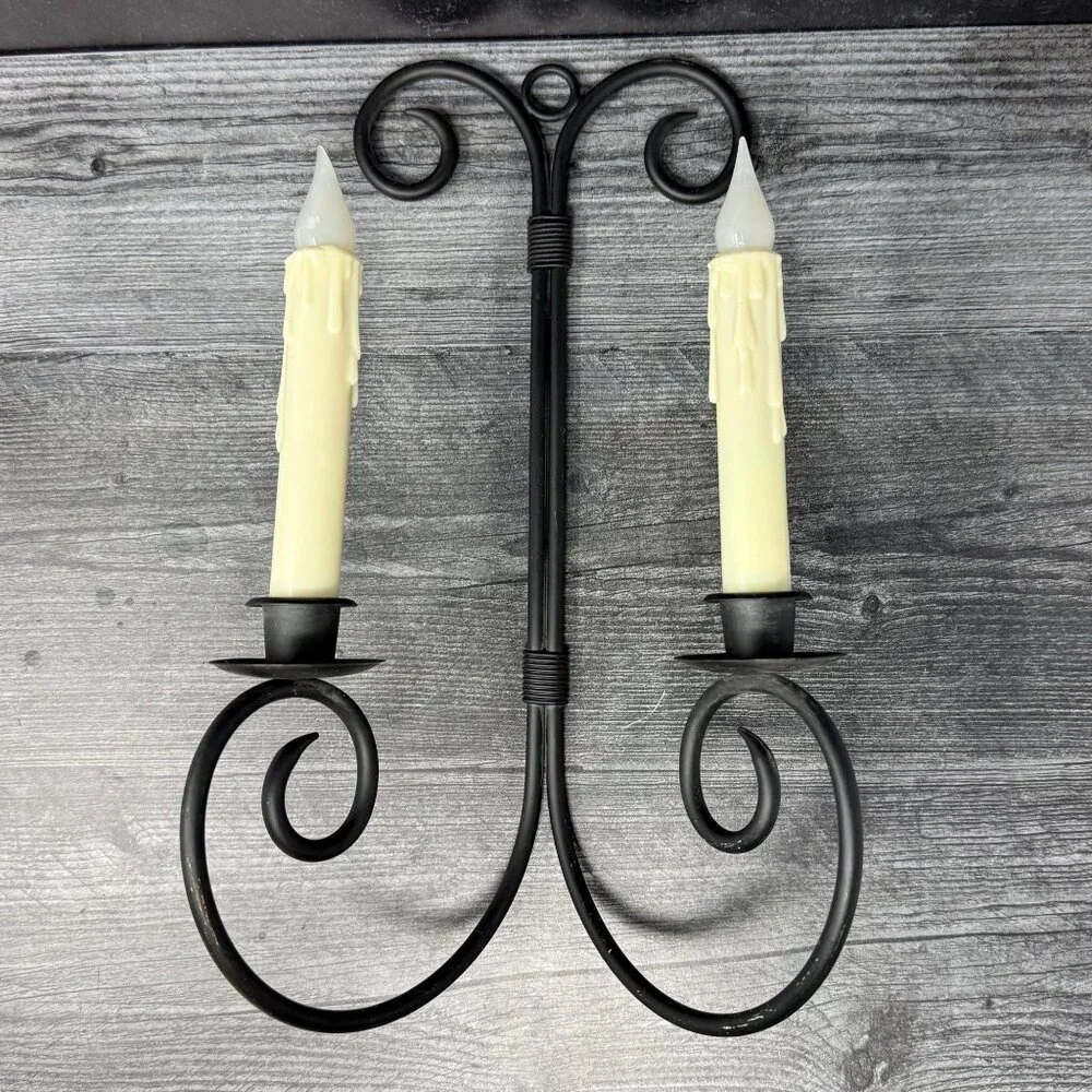 Vintage Black Wrought Iron 2 Candle Wall Sconce Double Candle‎ Holder